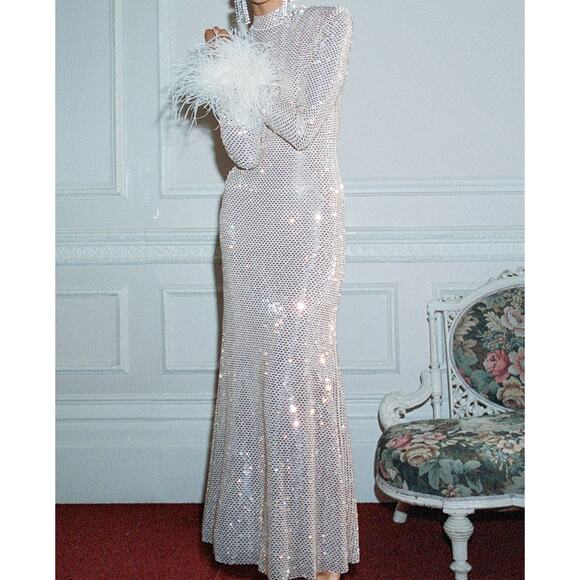 Self-Portrait Champagne Rhinestone Feather Midi Dress US 2 - Picture 6 of 10